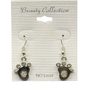 Beauty Collection Silver Tone Rhinestone Paw Print Dangle Earrings No Lead NEW